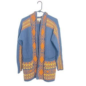 Lucky Brand Cardigan Sweater Women’s M Open Front Boho Aztec Knit Blue Orange